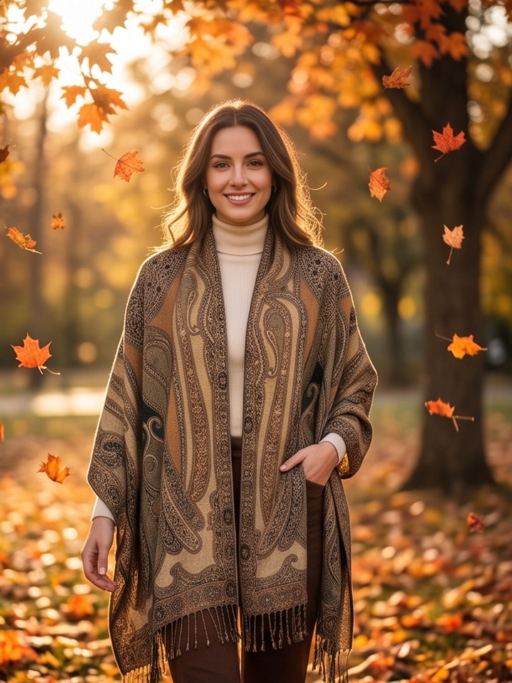 Paisley Fringe Shawl Wrap Coat in Coffee & Cream